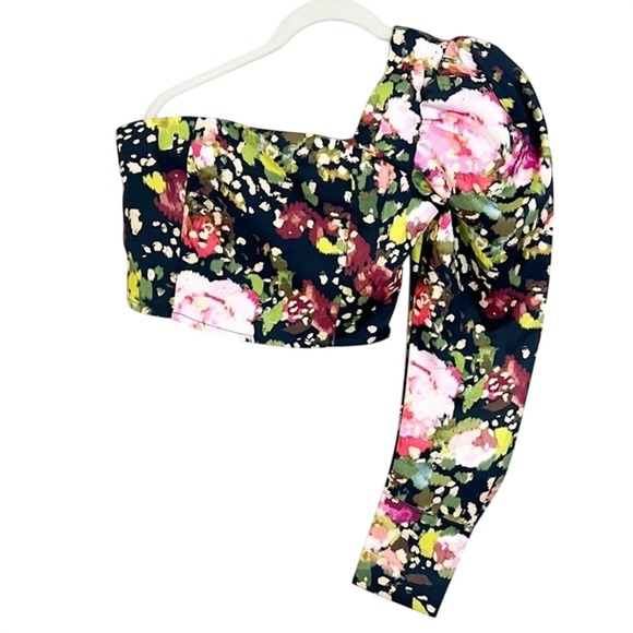 hazel Tops - Hazel Womens One Shoulder Floral Puff Sleeve Crop Top Black Pink Size Small